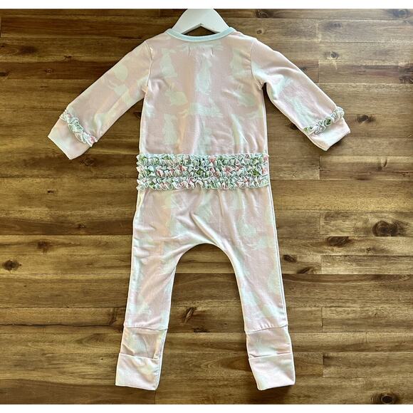 SweetHoney Dreamer Pajama Layette Pink Green Bunny Frolic Long Sleeve Ruffle 2T - Picture 5 of 8